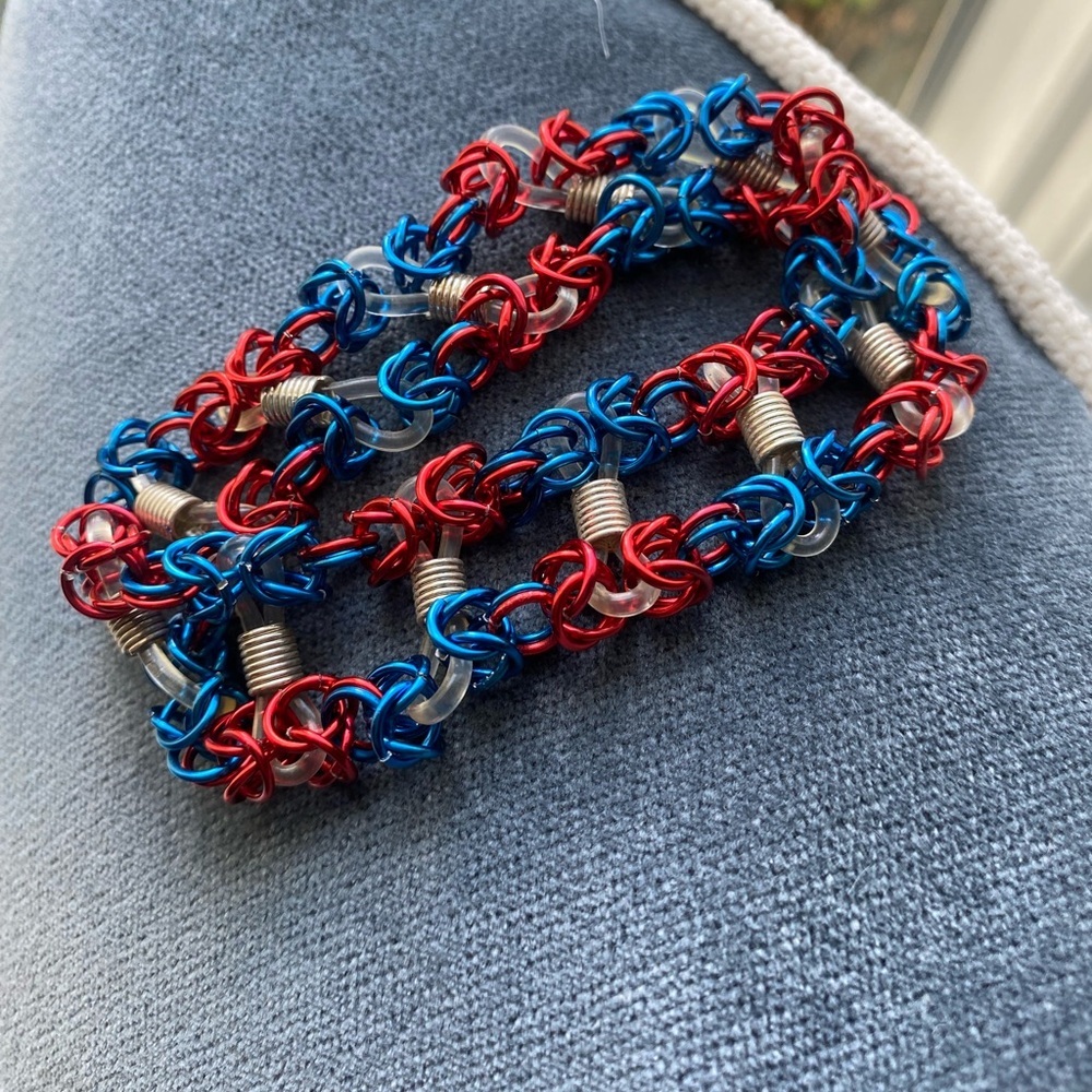 Red and Blue Artisan Chainmail Bracelet. Woman owned business